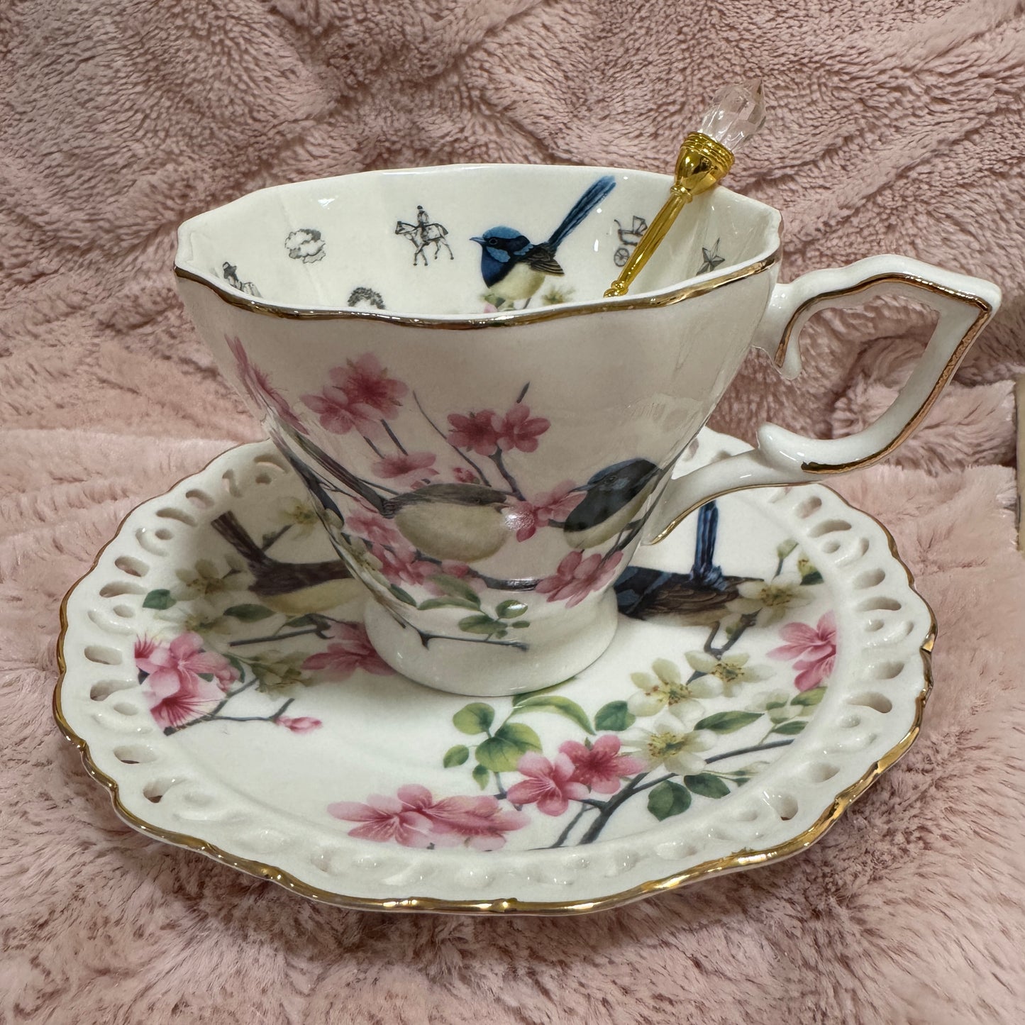 Blue Birds tea leaf reading teacup set. Fortune teller tea set. Tea Leaf Reading. Tarot Alternative.