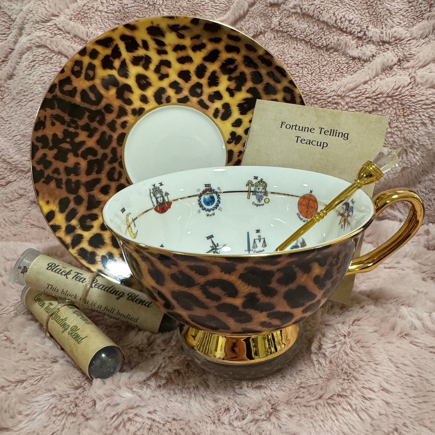 Leopard tarot tea leaf reading teacup set. Learn to read tea leaves with this full kit & FREE course.