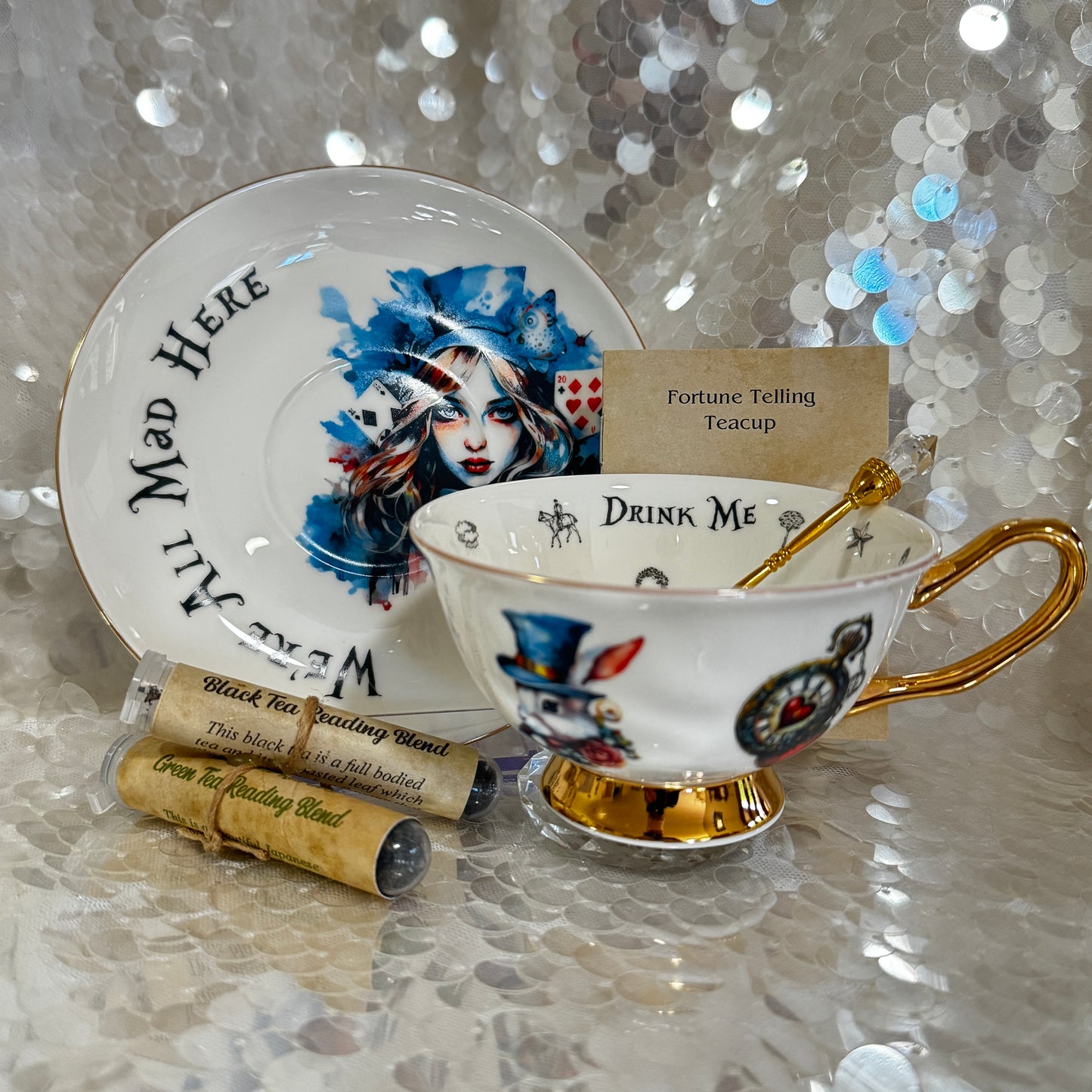 Alice in Wonderland Tea cup and saucer set. Punk style Alice. Learn tea leaf reading the easy way. FREE online course.