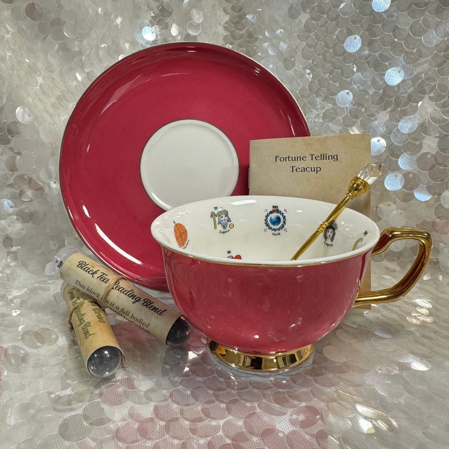 Hot Pink Tea cup and saucer set. 22 Major Arcana Tarot Symbols. Tea leaf reading kit with FREE course.