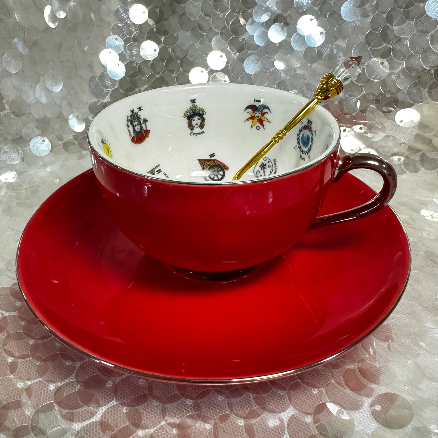 Red Tea cup and saucer set. 22 Major Arcana Tarot Symbols. Tea leaf reading kit with FREE course.