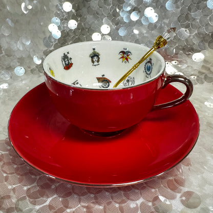 Red Tea cup and saucer set. 22 Major Arcana Tarot Symbols. Tea leaf reading kit with FREE course.