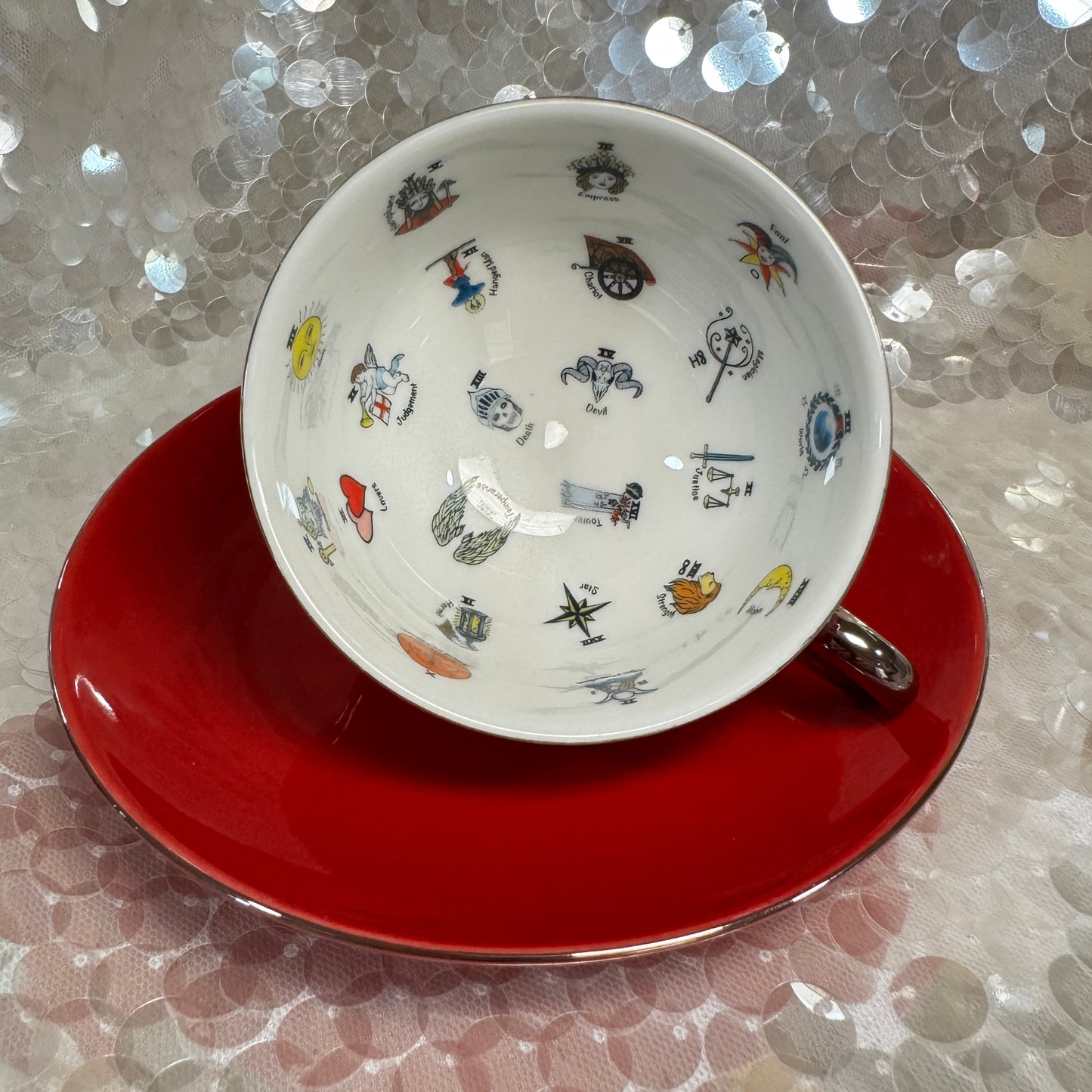 Red Tea cup and saucer set. 22 Major Arcana Tarot Symbols. Tea leaf reading kit with FREE course.