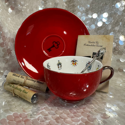 Red Tea cup and saucer set. 22 Major Arcana Tarot Symbols. Tea leaf reading kit with FREE course.