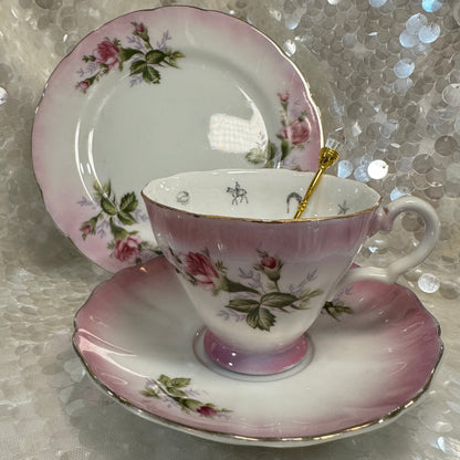 Vintage Roses tea cup and saucer set. Teacup trio set. FREE online course learn to read fortune teller tea cups.