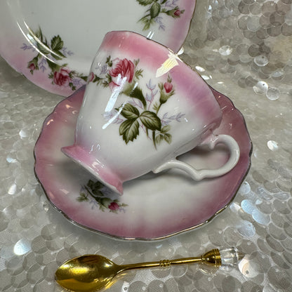 Vintage Roses tea cup and saucer set. Teacup trio set. FREE online course learn to read fortune teller tea cups.