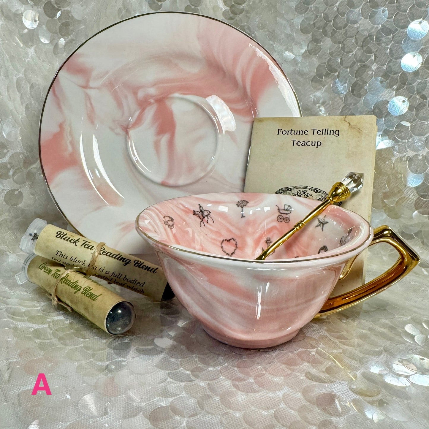 Heart shaped teacup and saucer.   Tea leaf reading kit. Gift for Valentines Day. Tea cup reading the easy way.