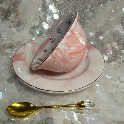 Heart shaped teacup and saucer.   Tea leaf reading kit. Gift for Valentines Day. Tea cup reading the easy way.