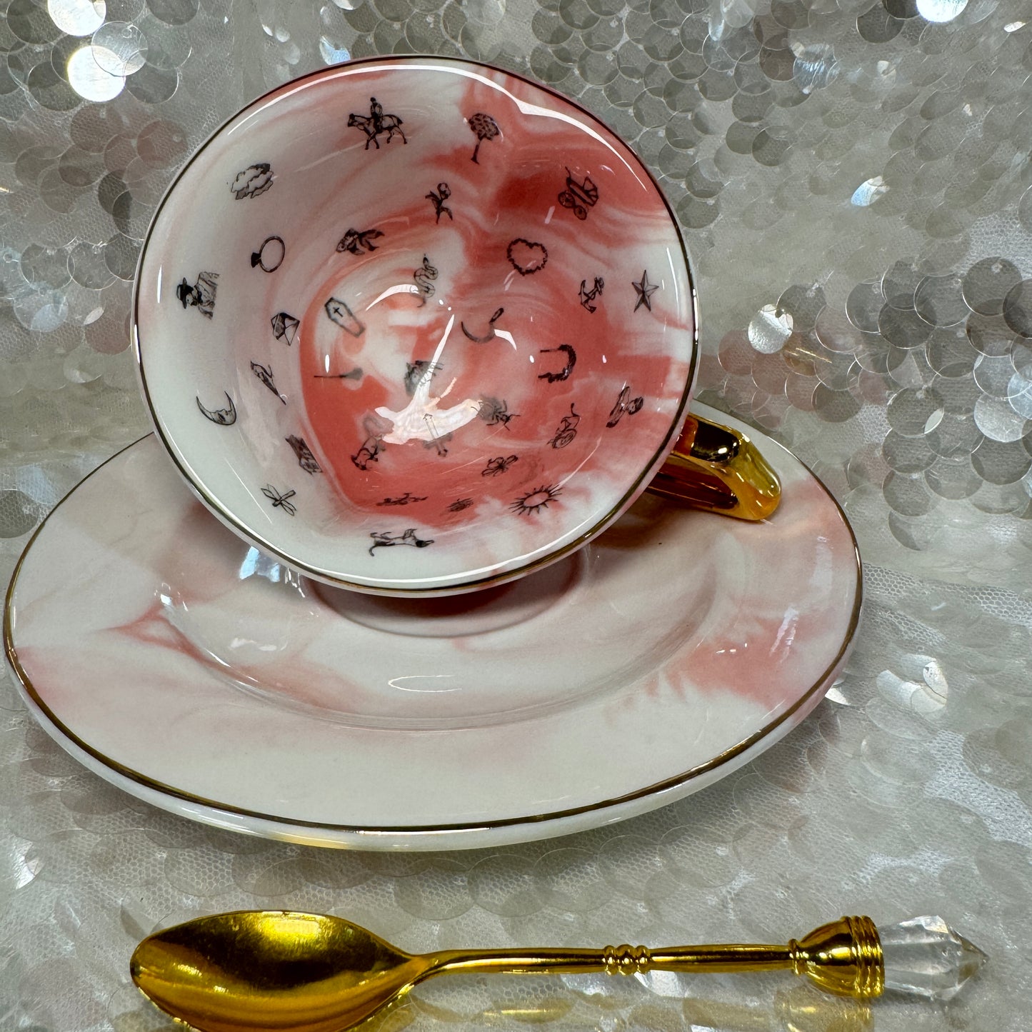 Heart shaped teacup and saucer.   Tea leaf reading kit. Gift for Valentines Day. Tea cup reading the easy way.