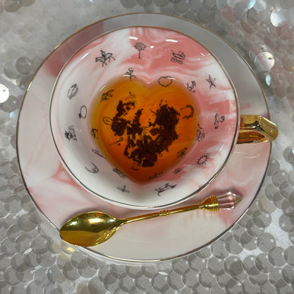 Heart shaped teacup and saucer.   Tea leaf reading kit. Gift for Valentines Day. Tea cup reading the easy way.