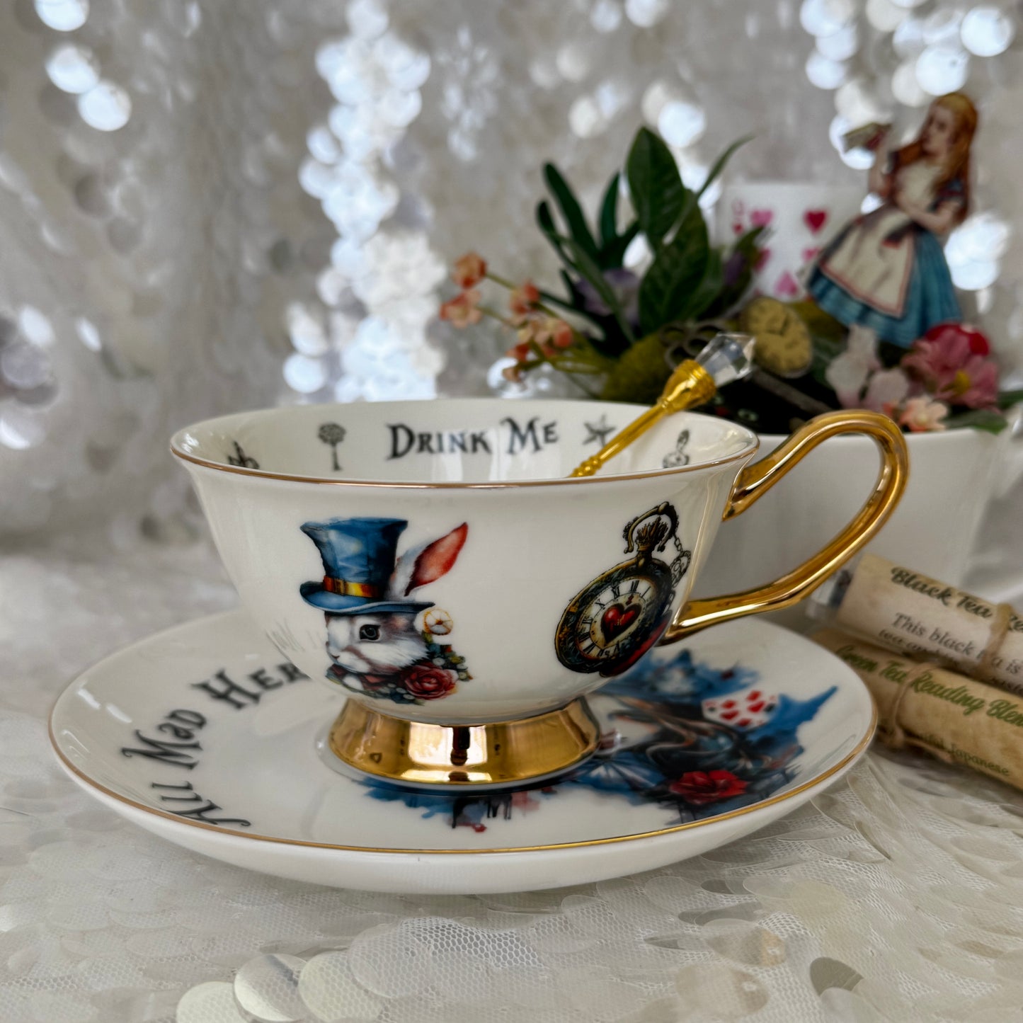 Alice in Wonderland Tea cup and saucer set. Punk style Alice. Learn tea leaf reading the easy way. FREE online course.