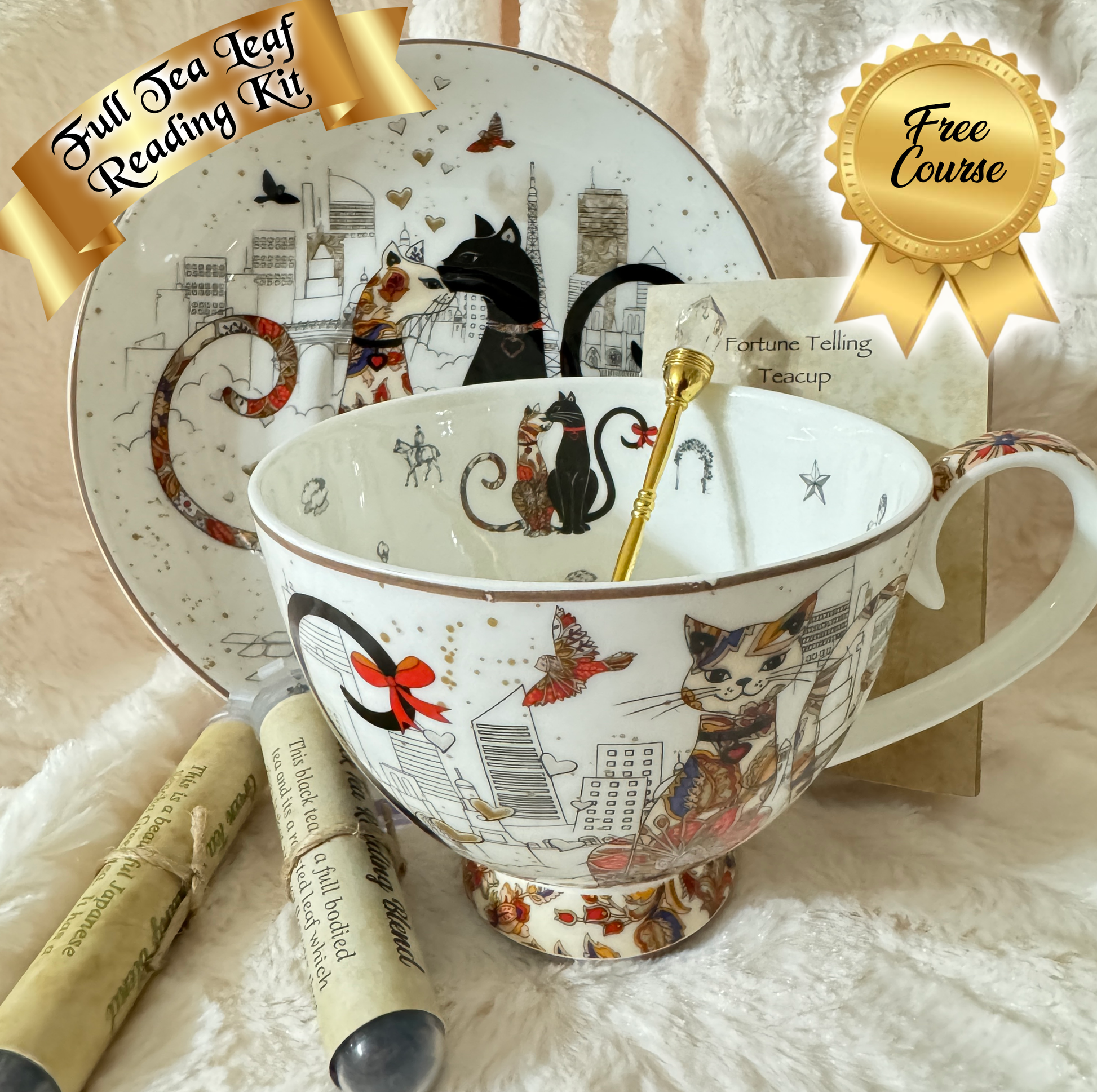 Ceramic teacup with a whimsical cat fortune teller design, surrounded by stars and mystical symbols. Full tea leaf reading kit with free course. Perfect gift.