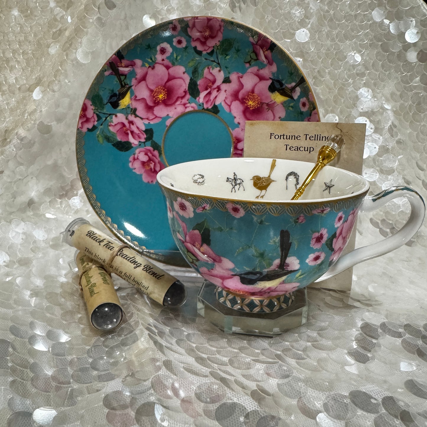 Blue Wren. Blue Bird. Aqua Tea Leaf Reading Teacup Set + Free Course