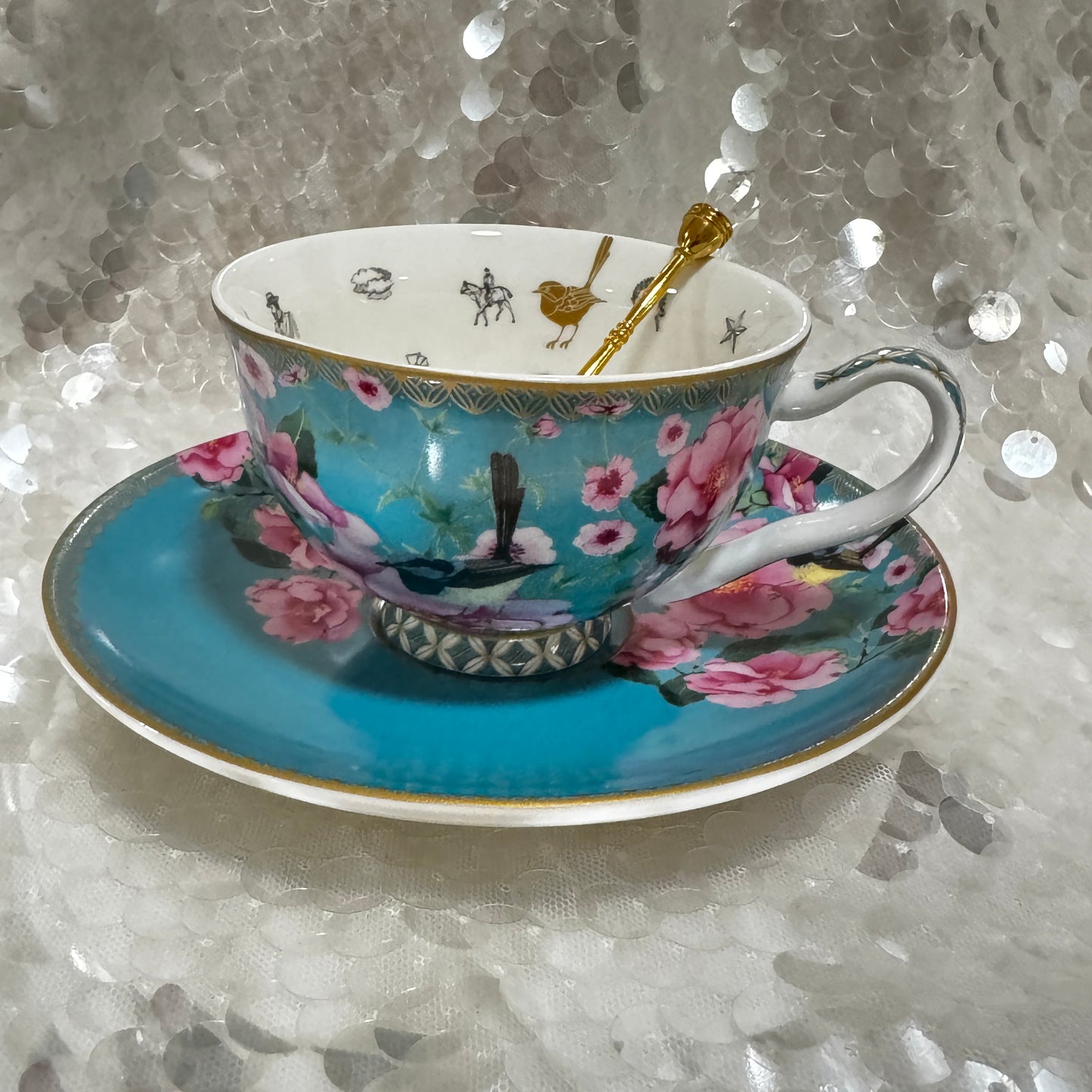 Blue Wren. Blue Bird. Aqua Tea Leaf Reading Teacup Set + Free Course