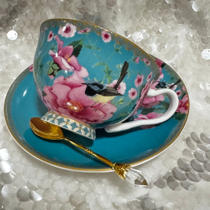 Blue Wren. Blue Bird. Aqua Tea Leaf Reading Teacup Set + Free Course