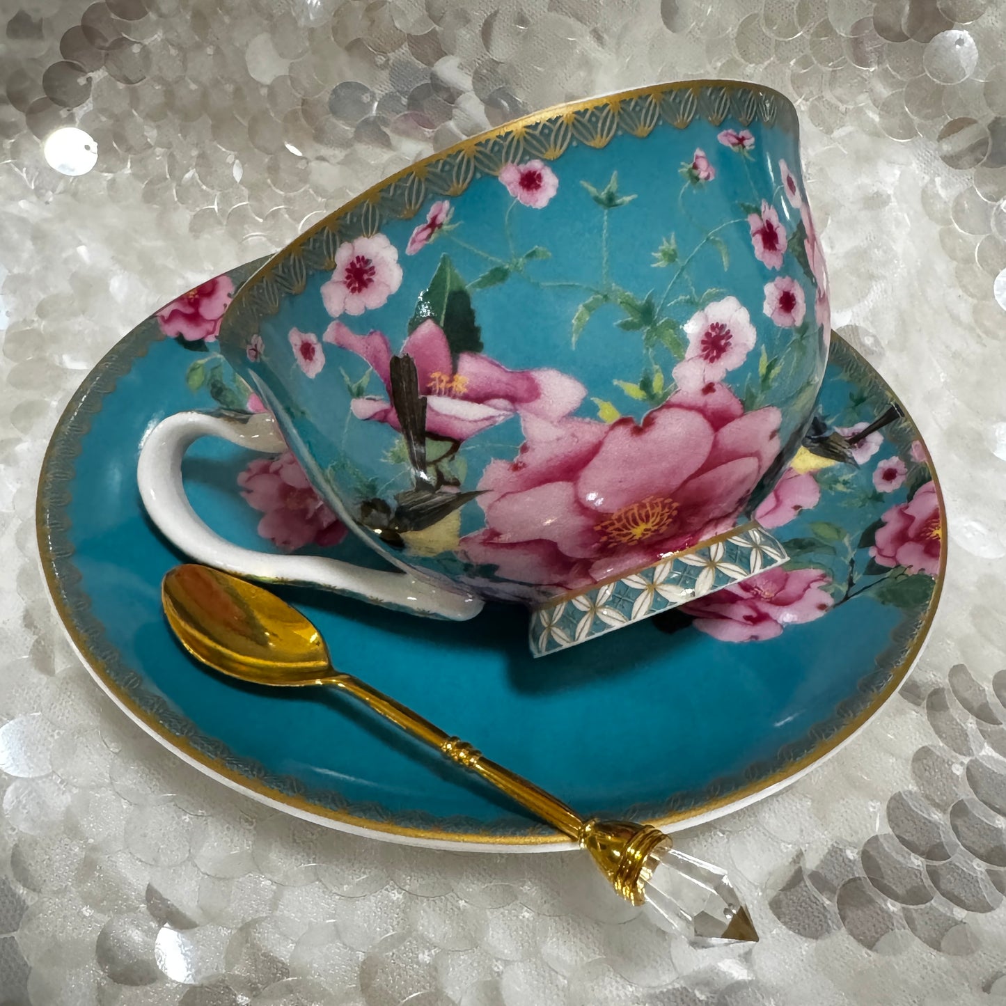 Blue Wren. Blue Bird. Aqua Tea Leaf Reading Teacup Set + Free Course