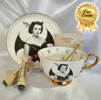 Bat Lady 5 Teacup and saucer set. Learn tea leaf reading the easy way. FREE online course. Halloween Teacup.