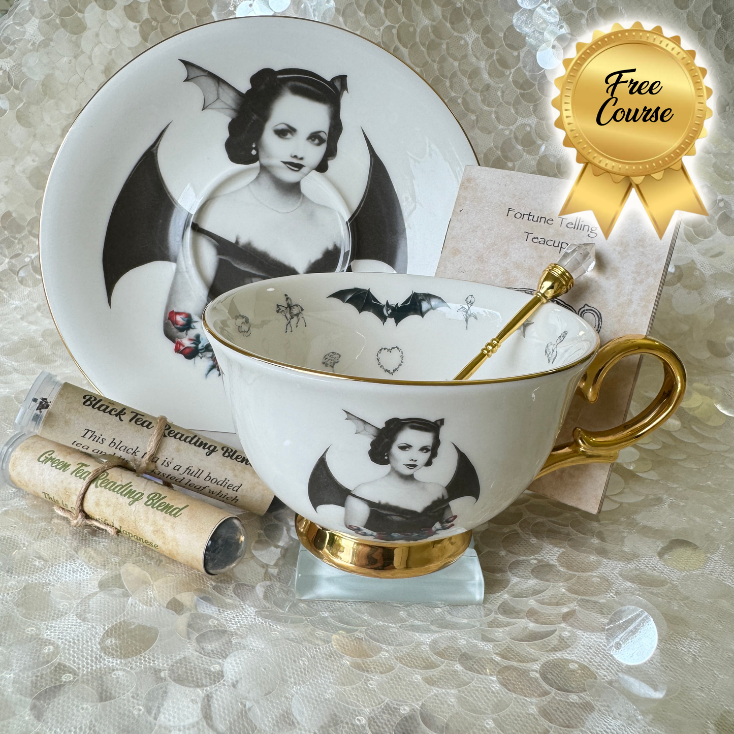 Bat Lady 6 Teacup and saucer set. Learn tea leaf reading the easy way. FREE online course. Halloween Teacup.