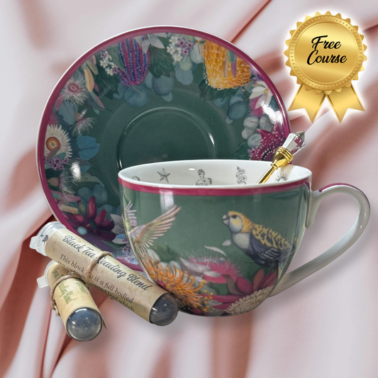 Australian birds / Parrots Tea leaf reading teacup.  FREE course. Learn to read tea leaves the easy way.