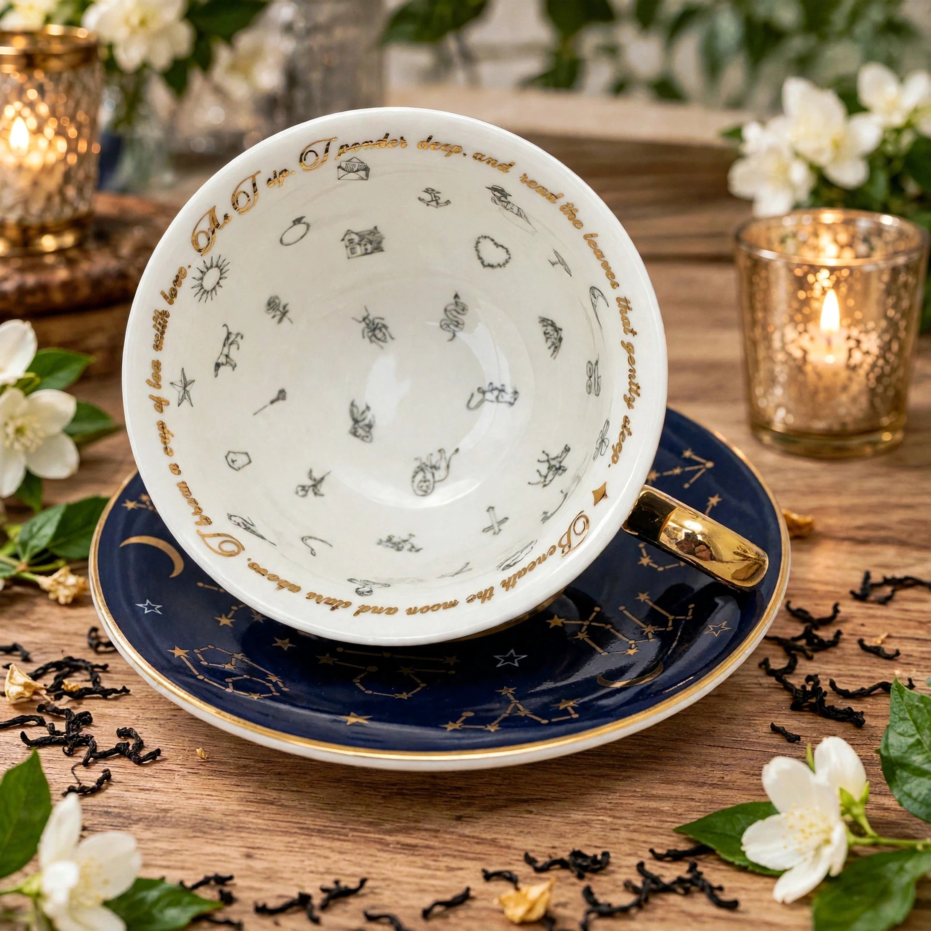 Internal view of the tea leaf reading symbols inside this beautiful teacup. This is a limited edition navy blue astrology teacup with real 24 karat gold zodiacs on both the teacup and the saucer.