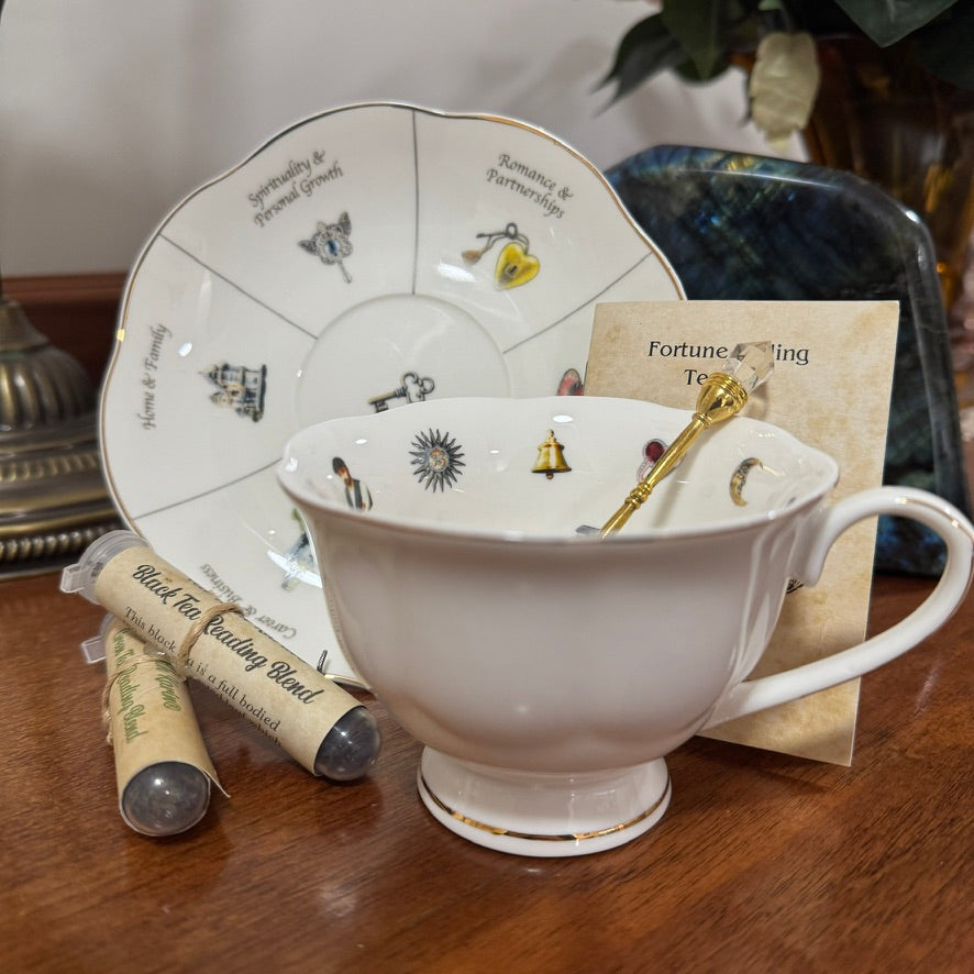 Tea cup with decorative elements on a wooden surface