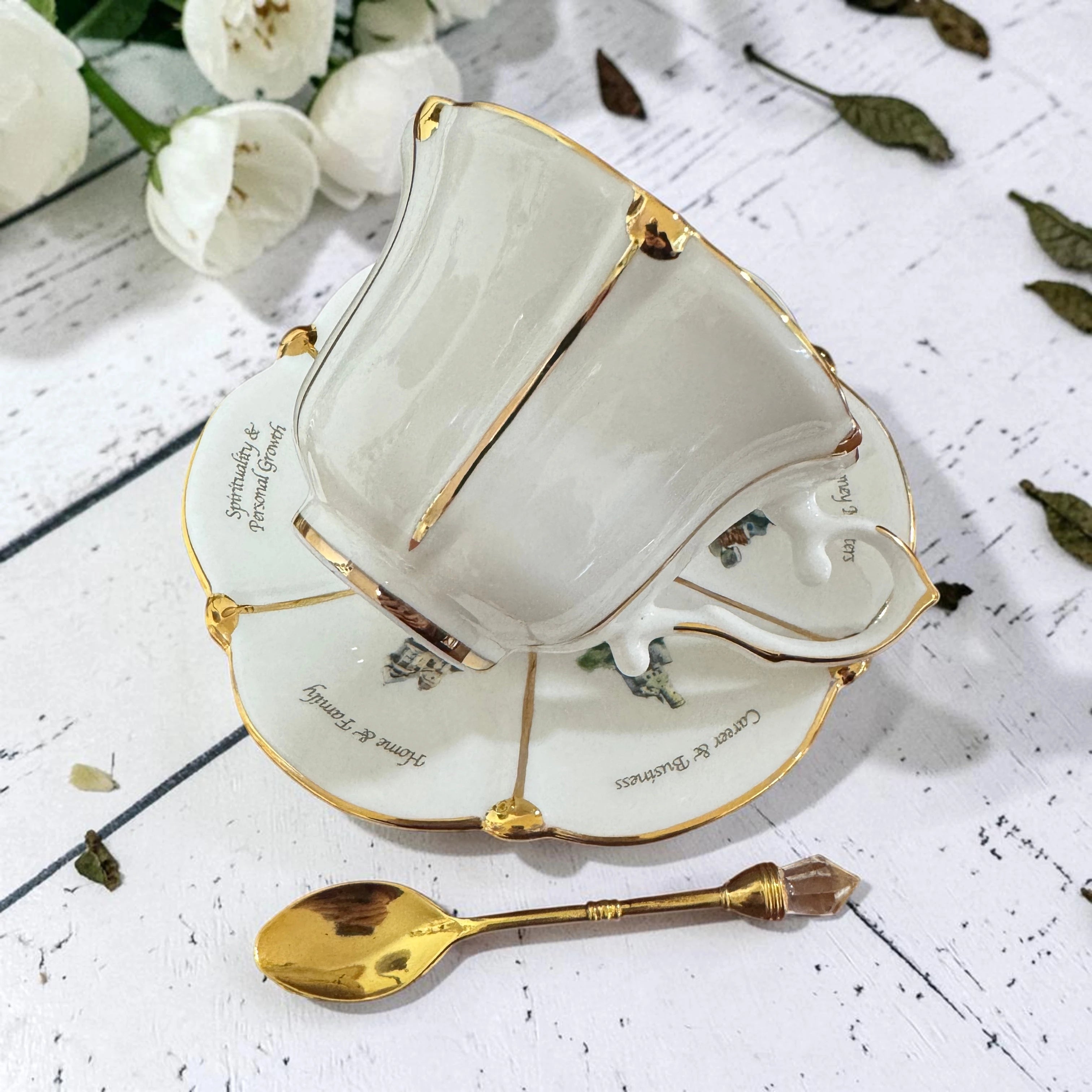 Left side view of the Labyrinth Through Time white tea leaf reading cup