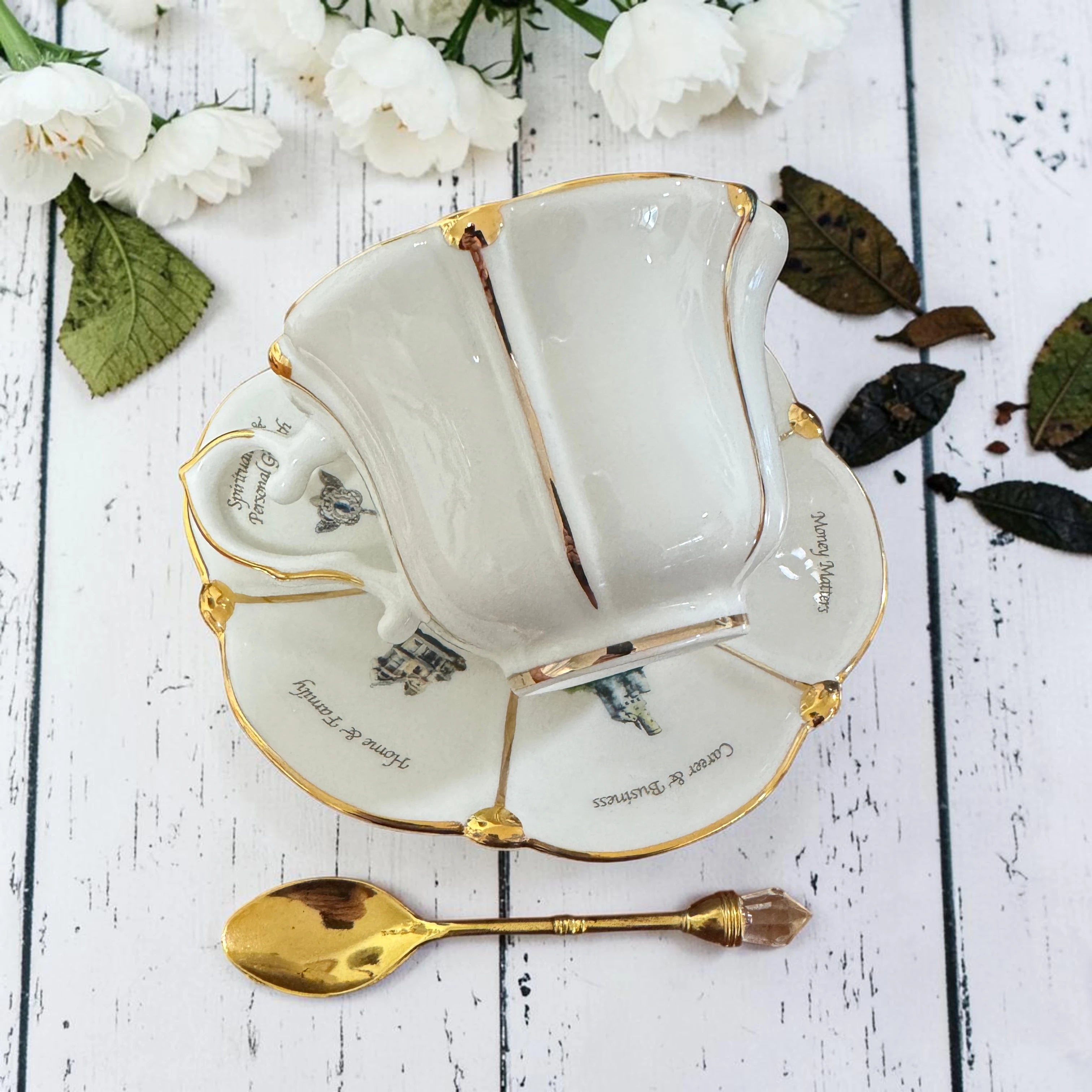 Right side view of the Labyrinth Through Time white tea leaf reading cup