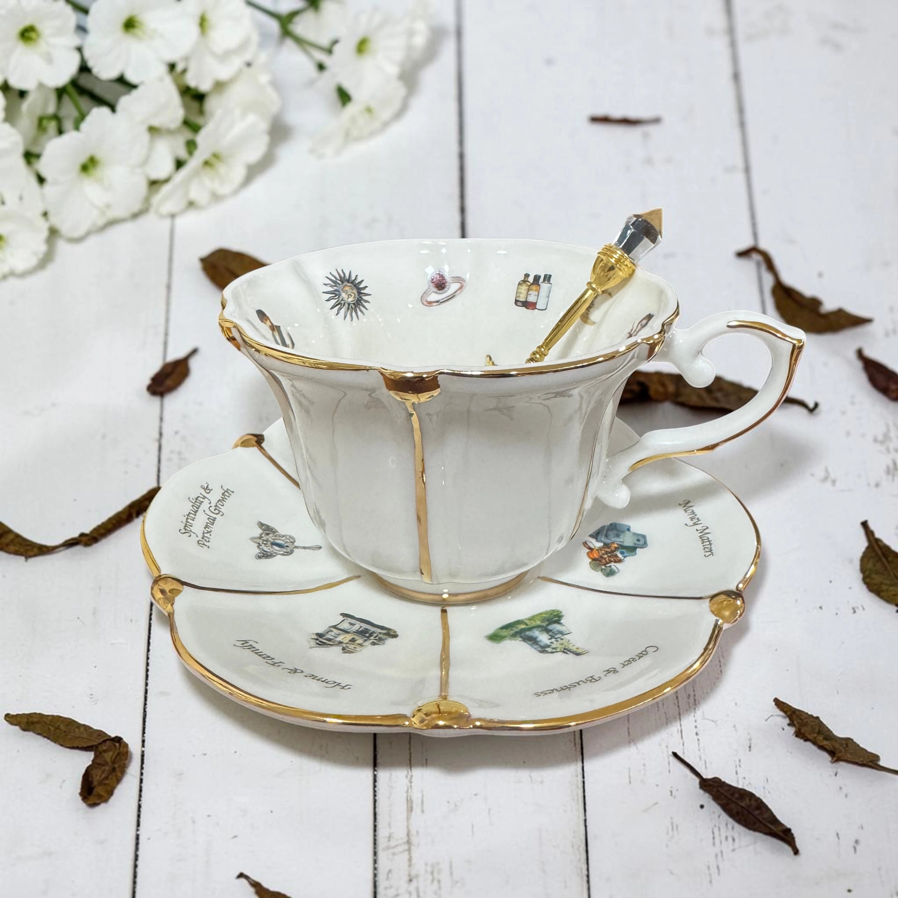 Labyrinth Through Time white teacup upright showing full exterior labyrinth design