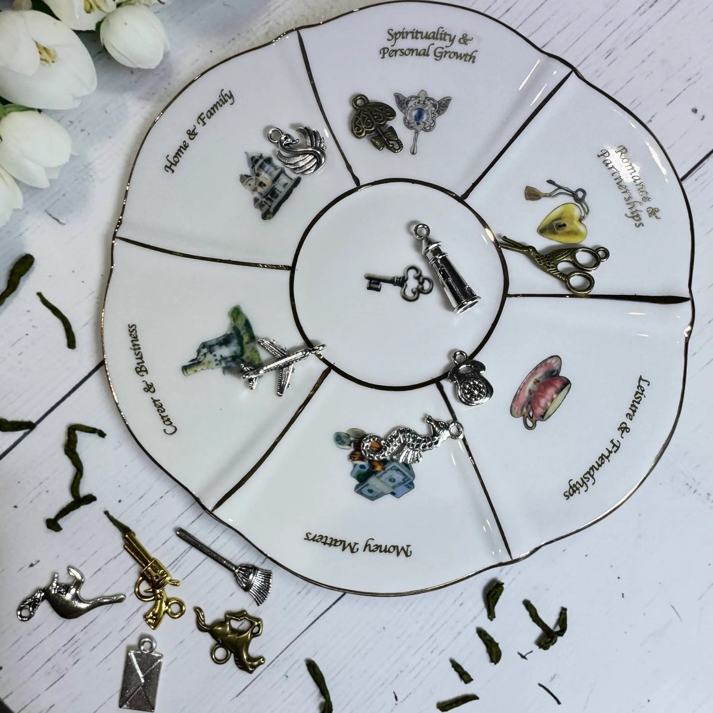 Labyrinth life wheel saucer with six labelled life areas and scattered key charms