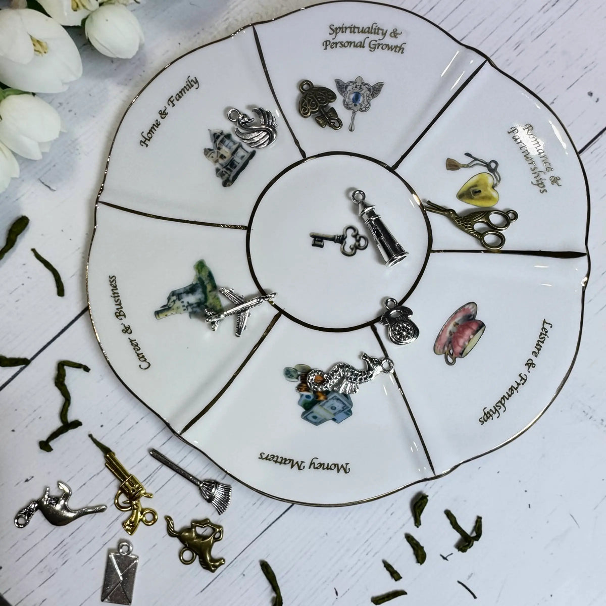 Labyrinth life wheel saucer with six labelled life areas and scattered key charms