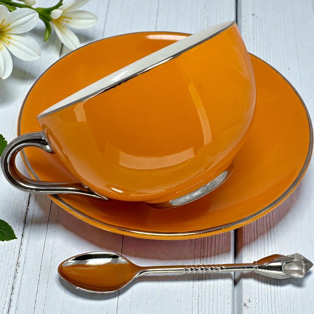Left profile view of the orange tasseography tea cup sitting on a silver edged saucer.