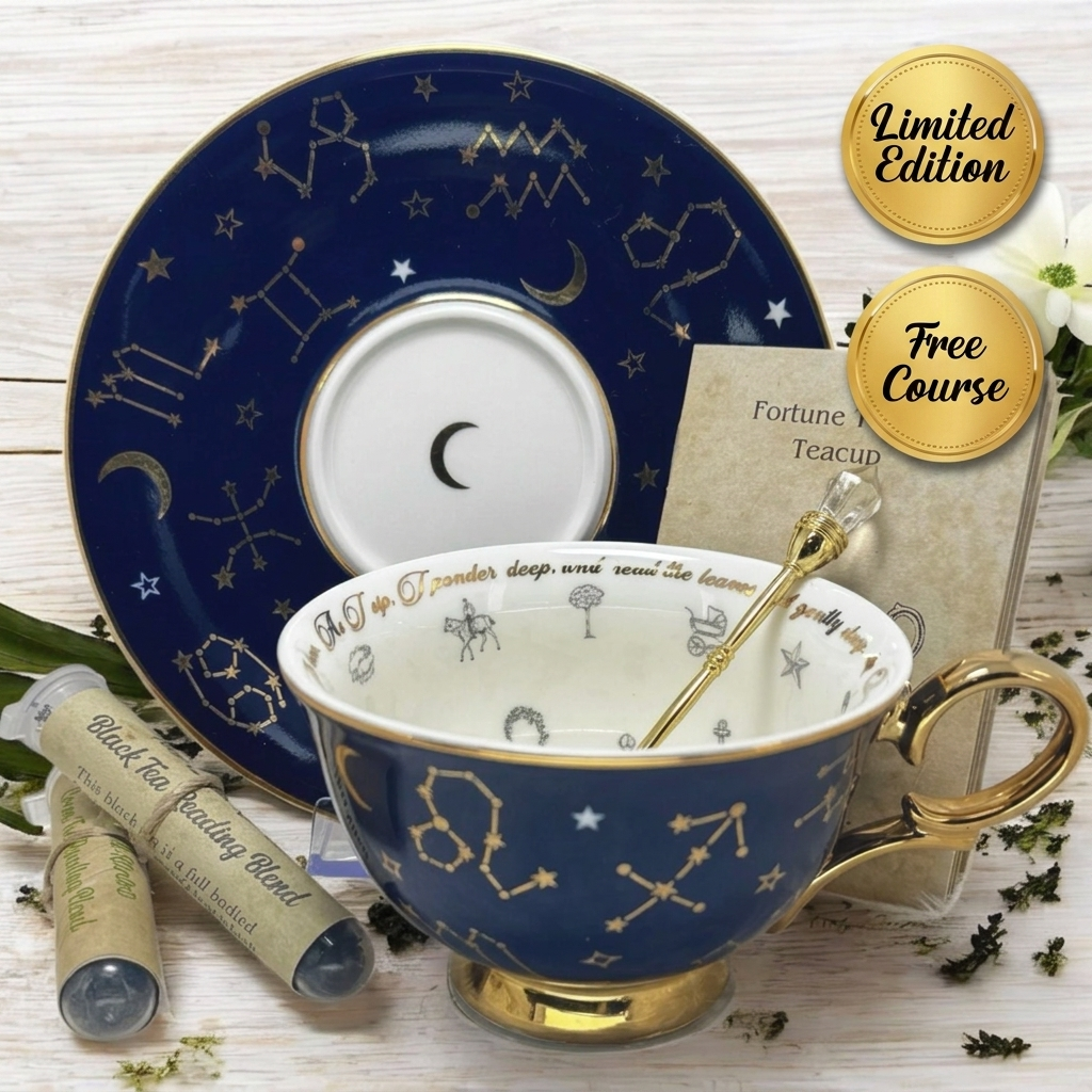 Navy blue zodiac tea cup and saucer badge graphic showing 32kt gold constellation symbols