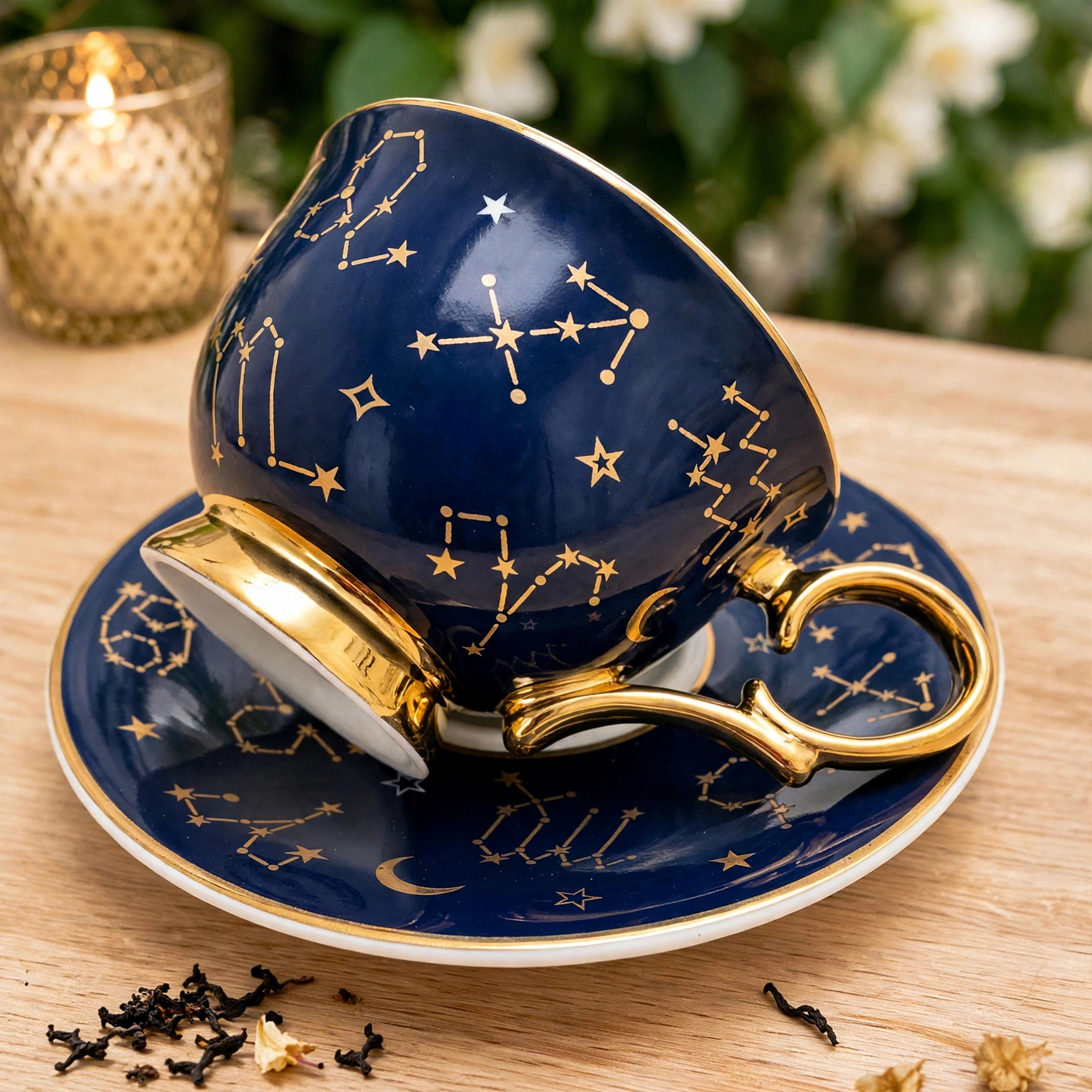 Navy Blue astrology teacup. Left side view showing ornate 24kt gold zodiac signs.
