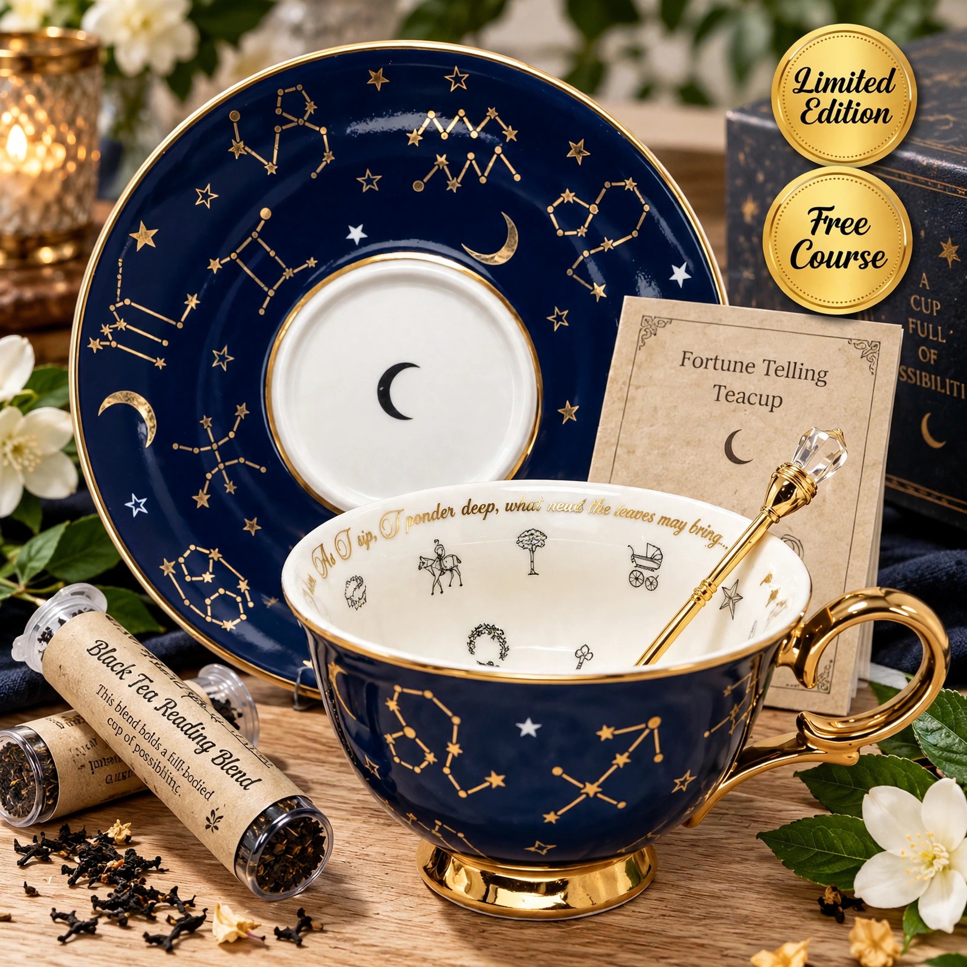 A luxury tea teacup and saucer set with a celestial theme, featuring a deep navy blue glaze decorated with gold constellations, stars, and crescent moons, along with a gold spoon. The set is styled on a wooden table with tea tubes, white flowers, and promotional badges.