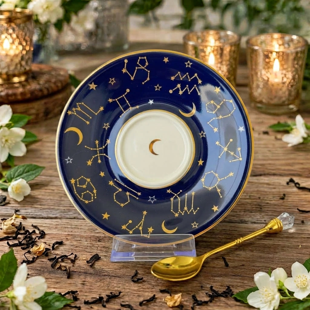 Navy blue saucer that matches the navy blue astrology tea cup showing the 24 carat gold zodiac symbol symbols on the saucer