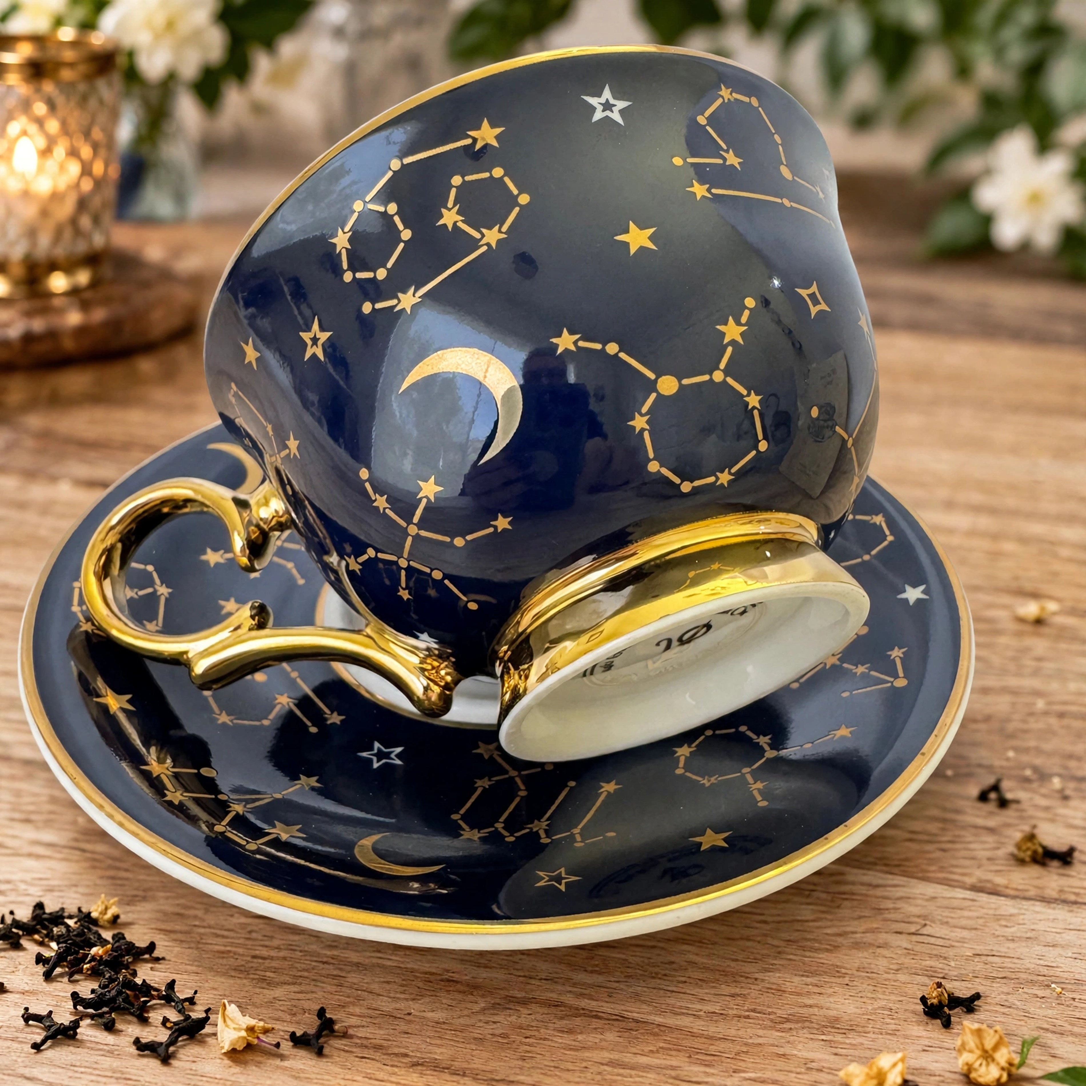 Navy Blue astrology teacup. Right side view showing ornate 24kt gold zodiac signs. 