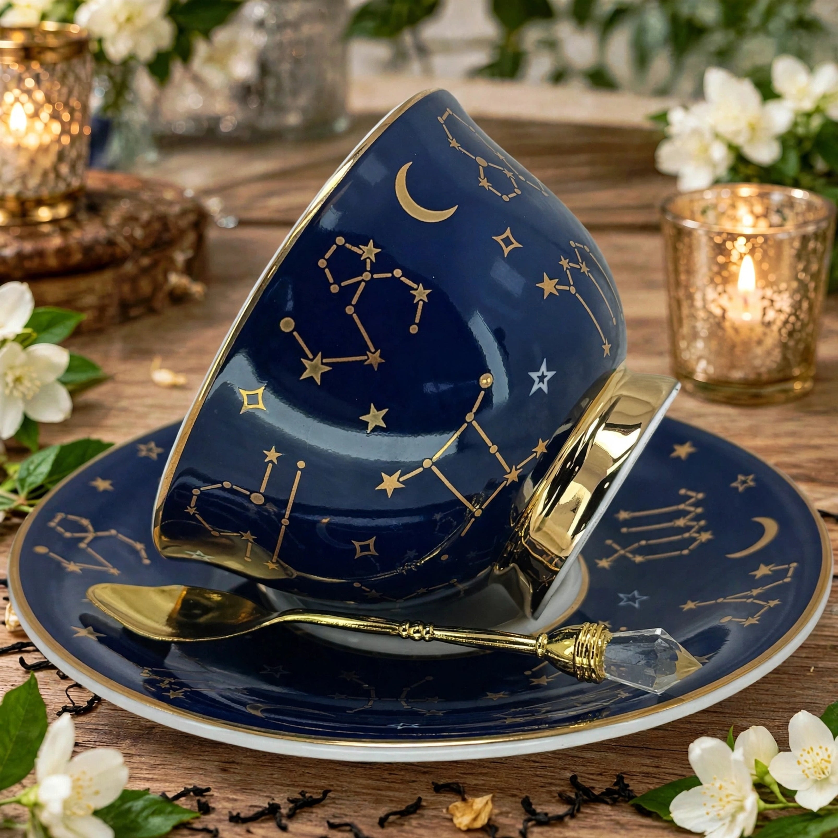 View of the Navy blue astrologyCentre view of the Navy blue astrology teacup tilted on its side sitting on the saucer showing the real 24 carat gold zodiac symbols