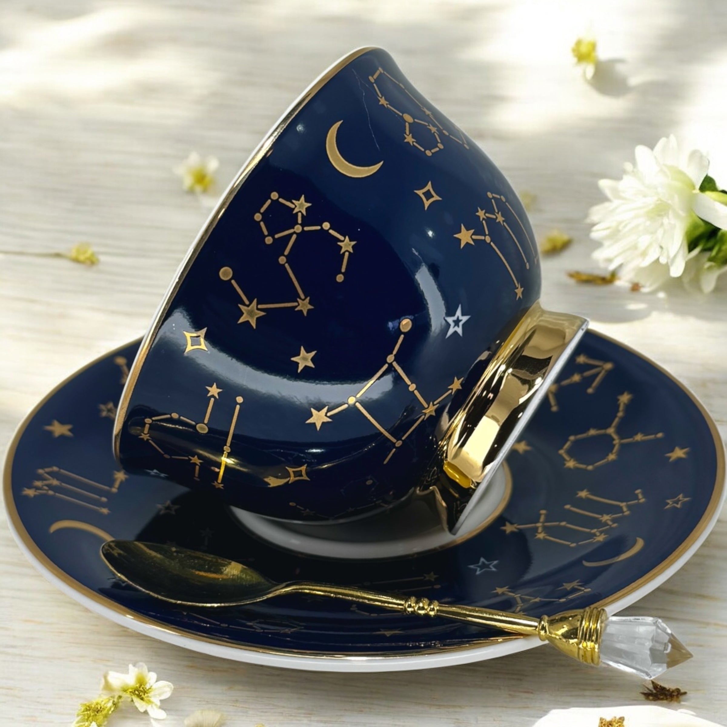 Limited Edition Navy Blue Tarot Tea cup and saucer set. Astrology teacup 22 major arcana. Real 24kt gold. Tea reading kit with FREE course.