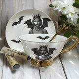 Bat Lady Gothic-Inspired Tea Leaf Reading Cup & Saucer Set. Learn tea leaf reading the easy way. Great Halloween gift. 