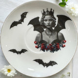 Bat Lady Gothic-Inspired Tea Leaf Reading Cup & Saucer Set. Learn tea leaf reading the easy way. Great Halloween gift. 