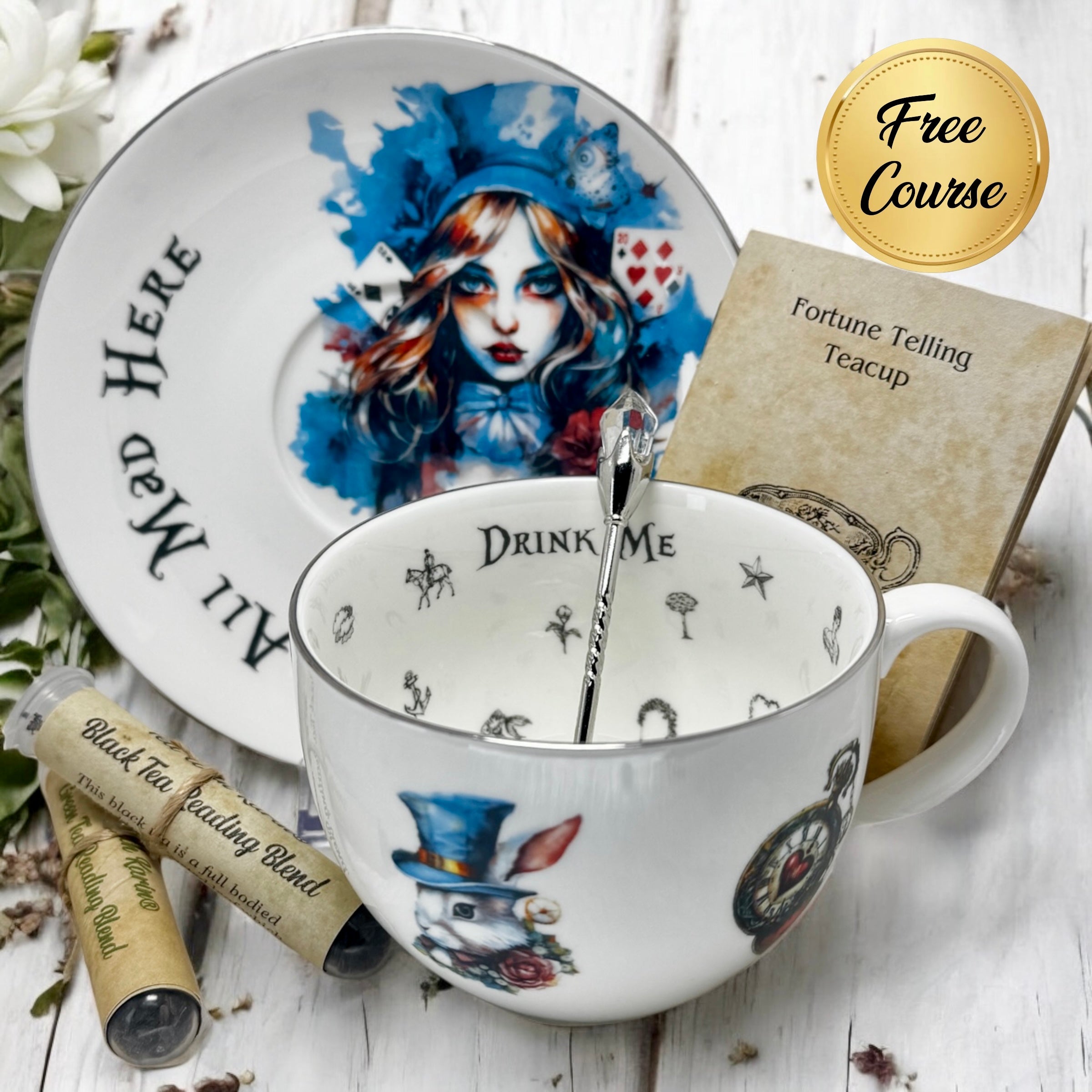Tea cup and saucer with Alice in Wonderland design, including a free course badge.