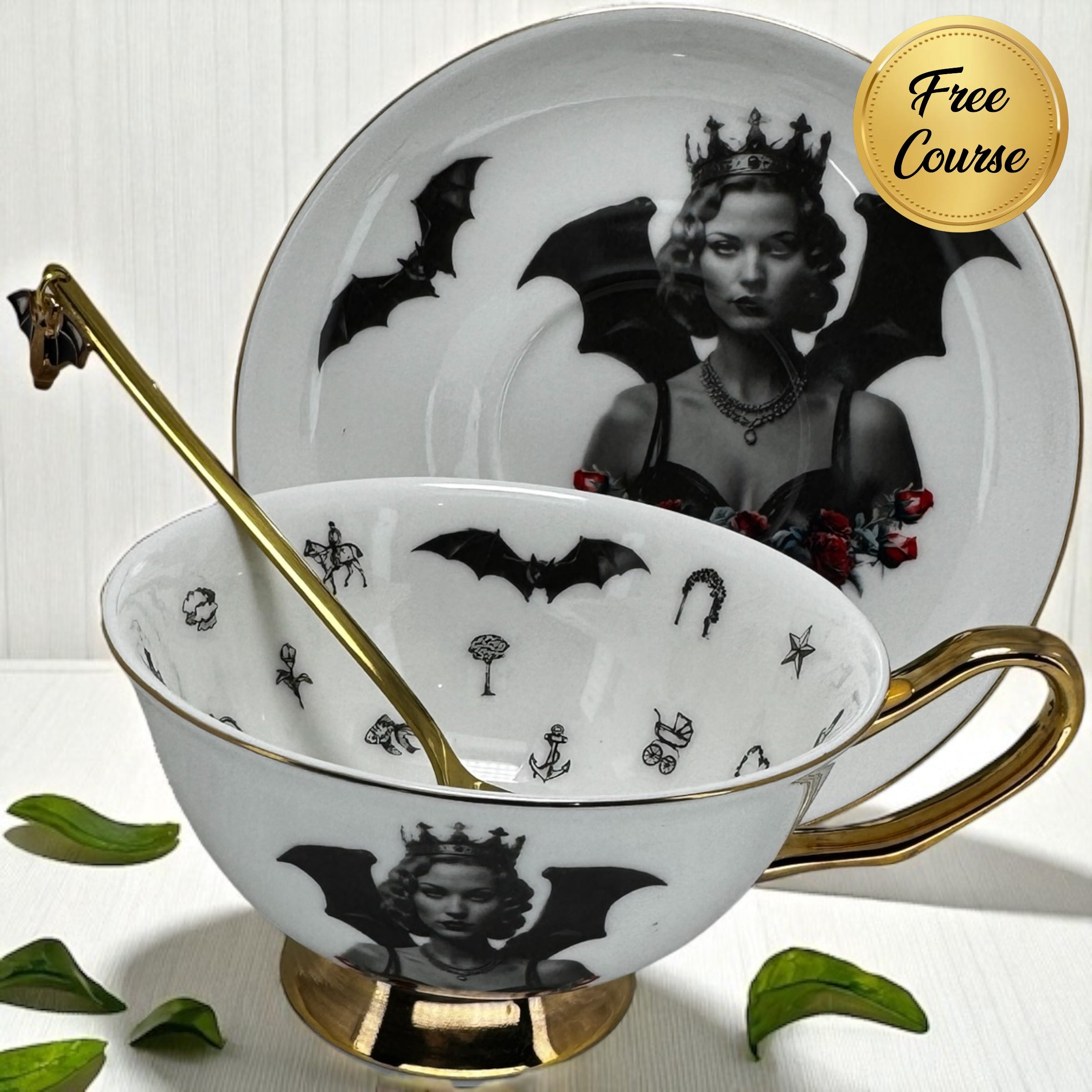 Bat Lady Gothic-Inspired Tea Leaf Reading Cup & Saucer Set. Learn tea leaf reading the easy way. Great Halloween gift.  Witchy Vibes.