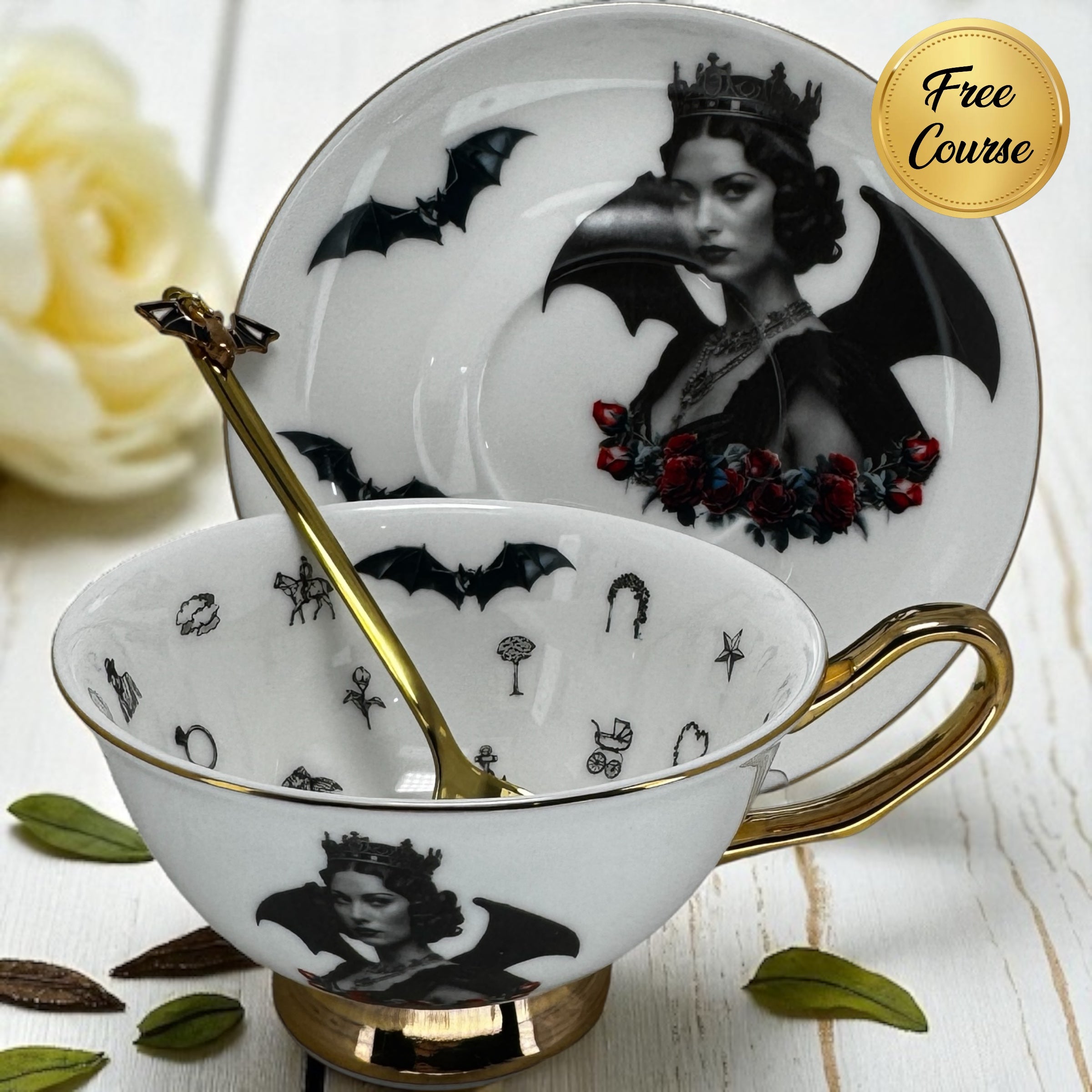 Bat Lady Gothic-Inspired Tea Leaf Reading Cup & Saucer Set. Learn tea leaf reading the easy way. Great Halloween gift.  Witchy Vibes.