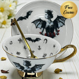 Bat Lady Gothic-Inspired Tea Leaf Reading Cup & Saucer Set. Learn tea leaf reading the easy way. Great Halloween gift.  Witchy Vibes.