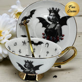 Bat Lady Gothic-Inspired Tea Leaf Reading Cup & Saucer Set. Learn tea leaf reading the easy way. Great Halloween gift.  Witchy Vibes.