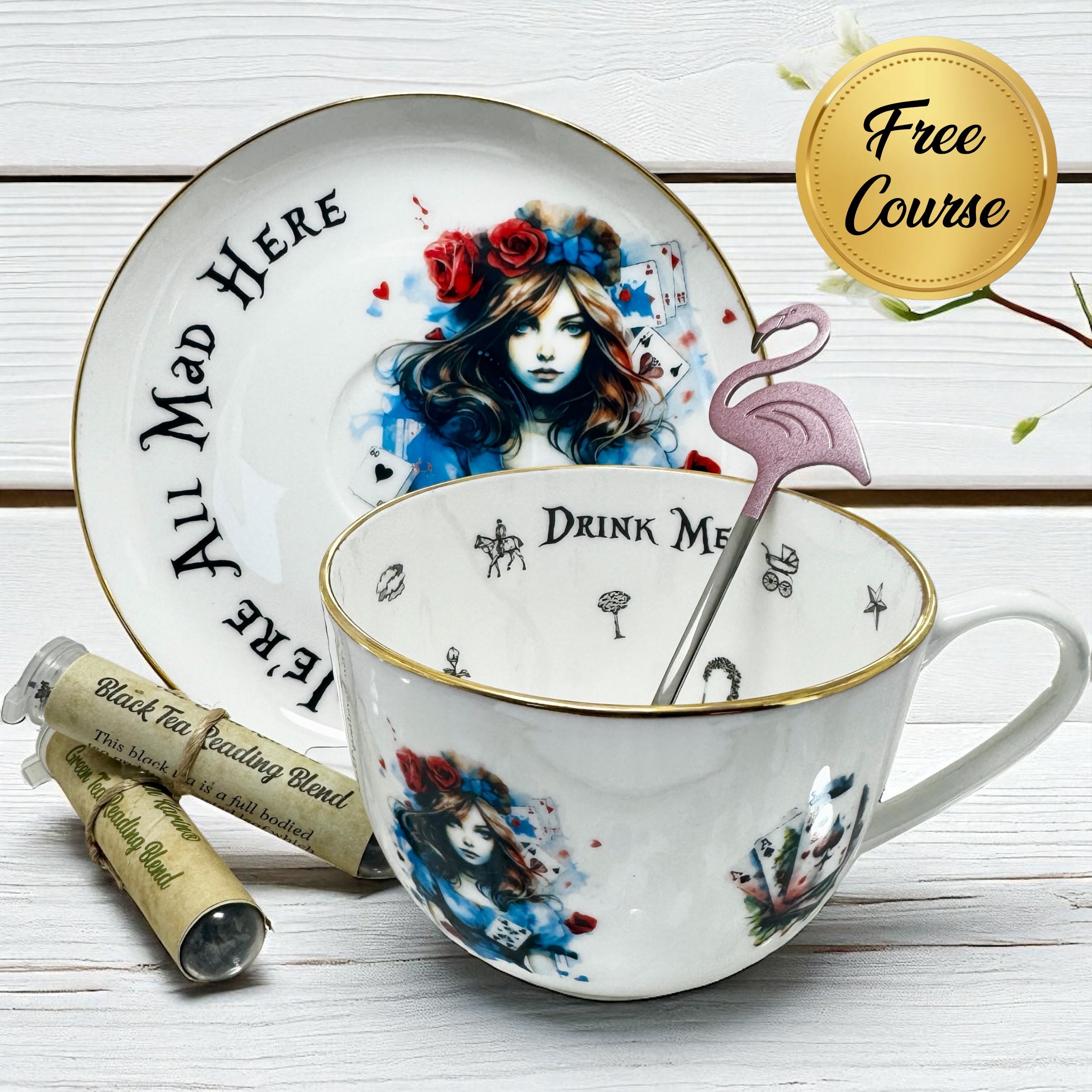 Alice in Wonderland punk-themed teacup and saucer set with whimsical design