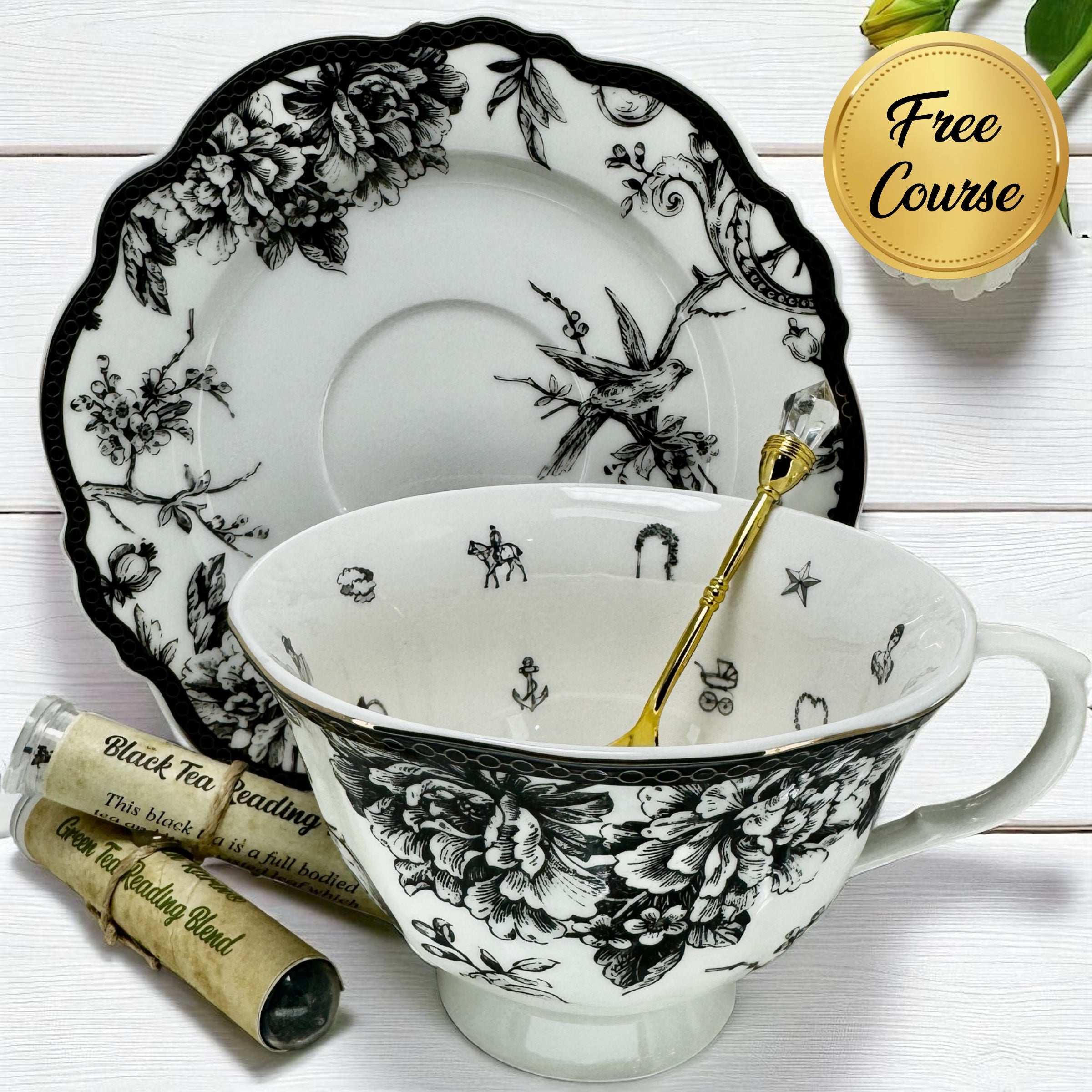 Elegant black and white embossed birds tea cup and saucer set with detailed bird motif