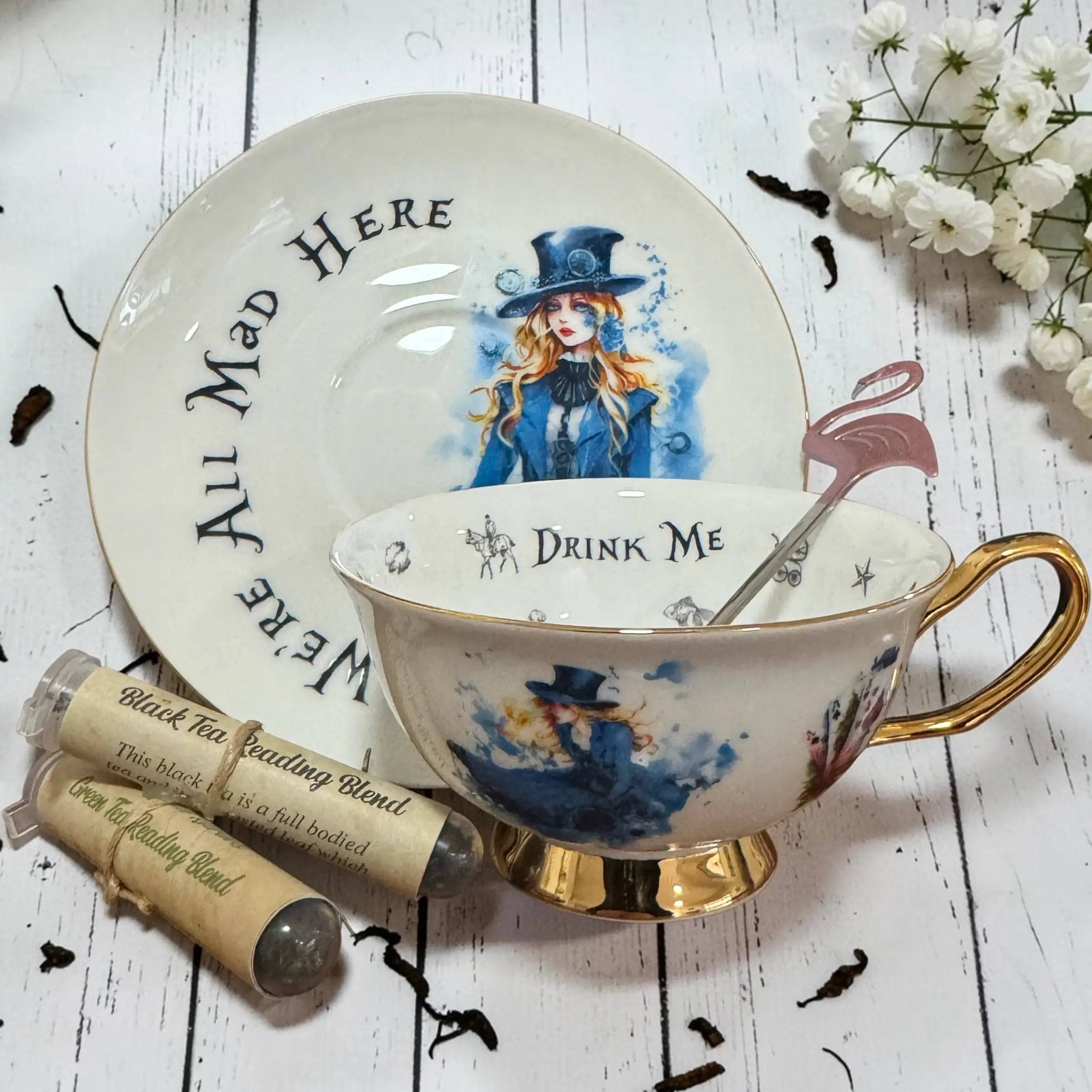 Steampunk Alice in Wonderland tea leaf reading set: teacup and saucer, flamingo teaspoon, green and black tea blends