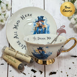 Steampunk Alice in Wonderland fortune teller teacup and saucer with 24ct gold trim, flamingo teaspoon and tea leaf reading blends