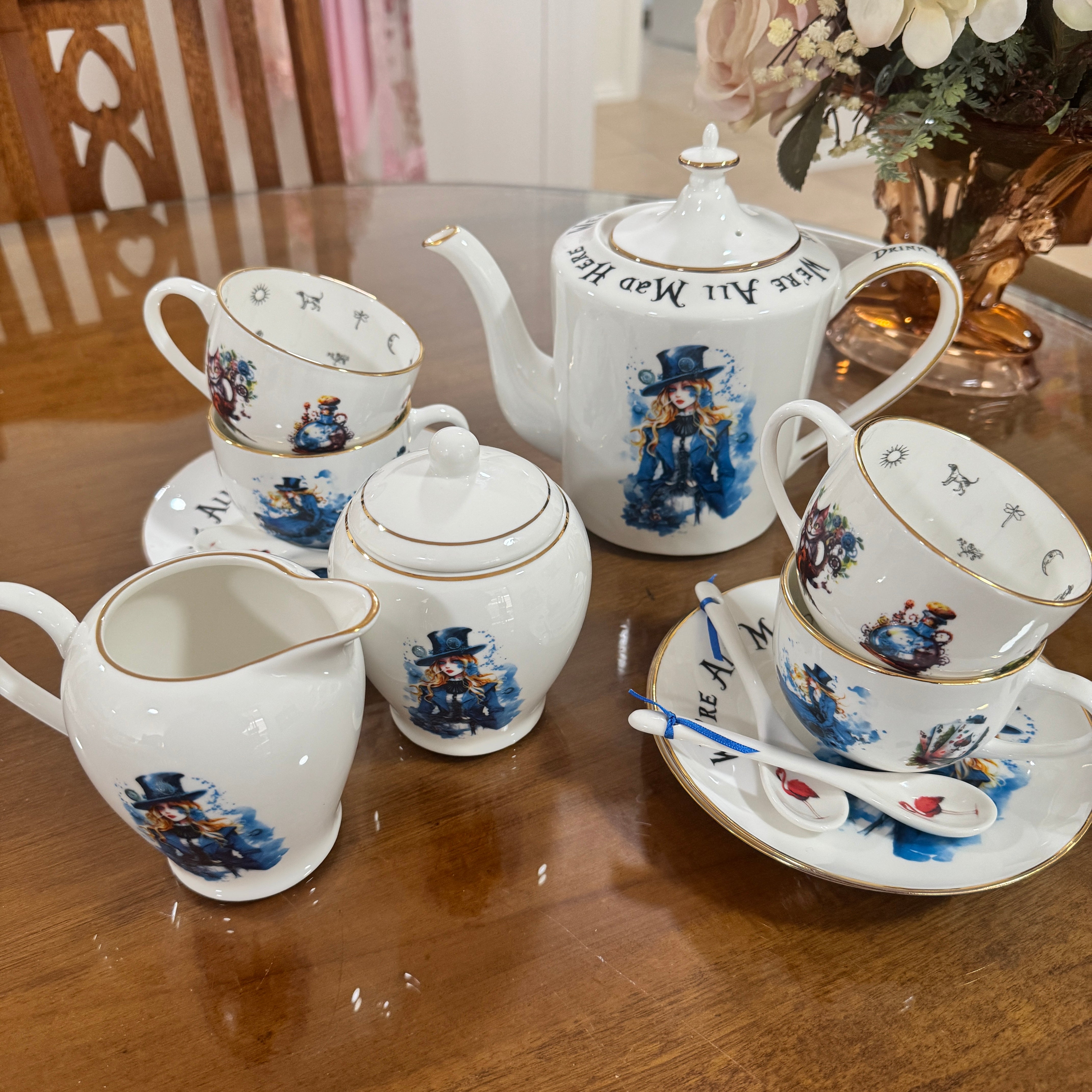 Tea set with decorative elements on a wooden table
